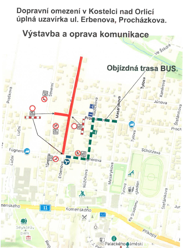 mapa dopravního omezení v ulici Erbenova