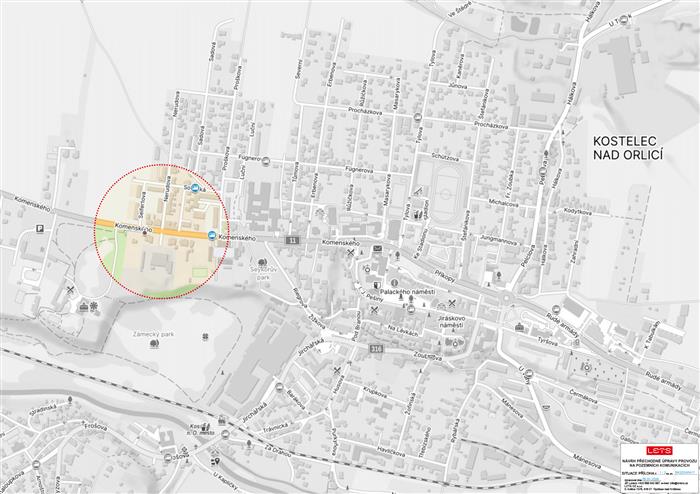 situační mapa, uzavírka na silnici I/11 - ulice Komenského u křižovatky s ulicí Seifertova