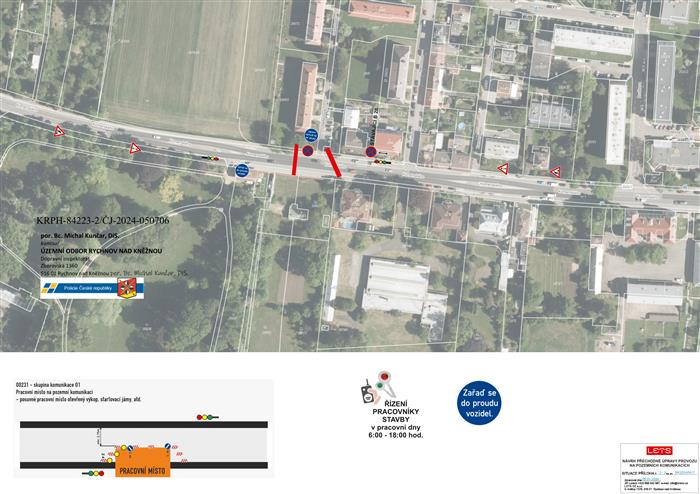 situační mapa, uzavírka na silnici I/11 - ulice Komenského u křižovatky s ulicí Seifertova