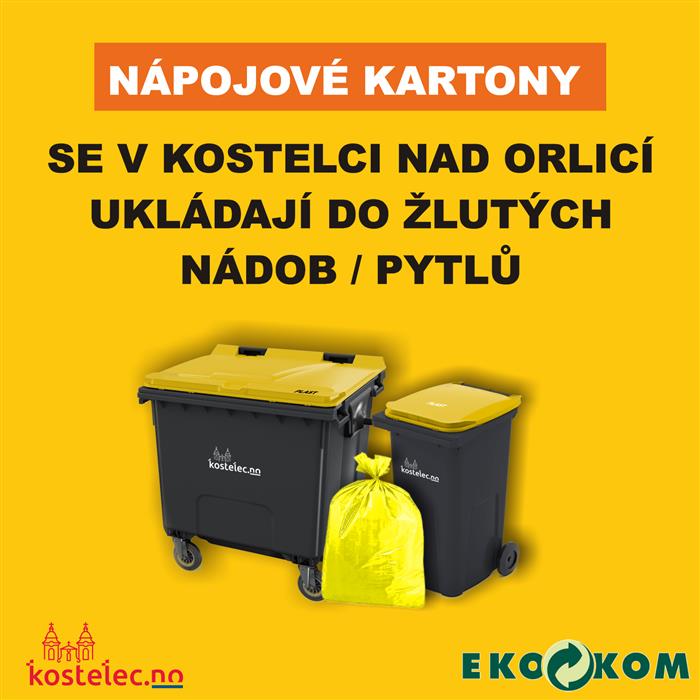 nápojové kartony (krabice od džusů, mléčných výrobků, vín apod.) patří do nádob/kontejnerů, popř. pytlů na plasty